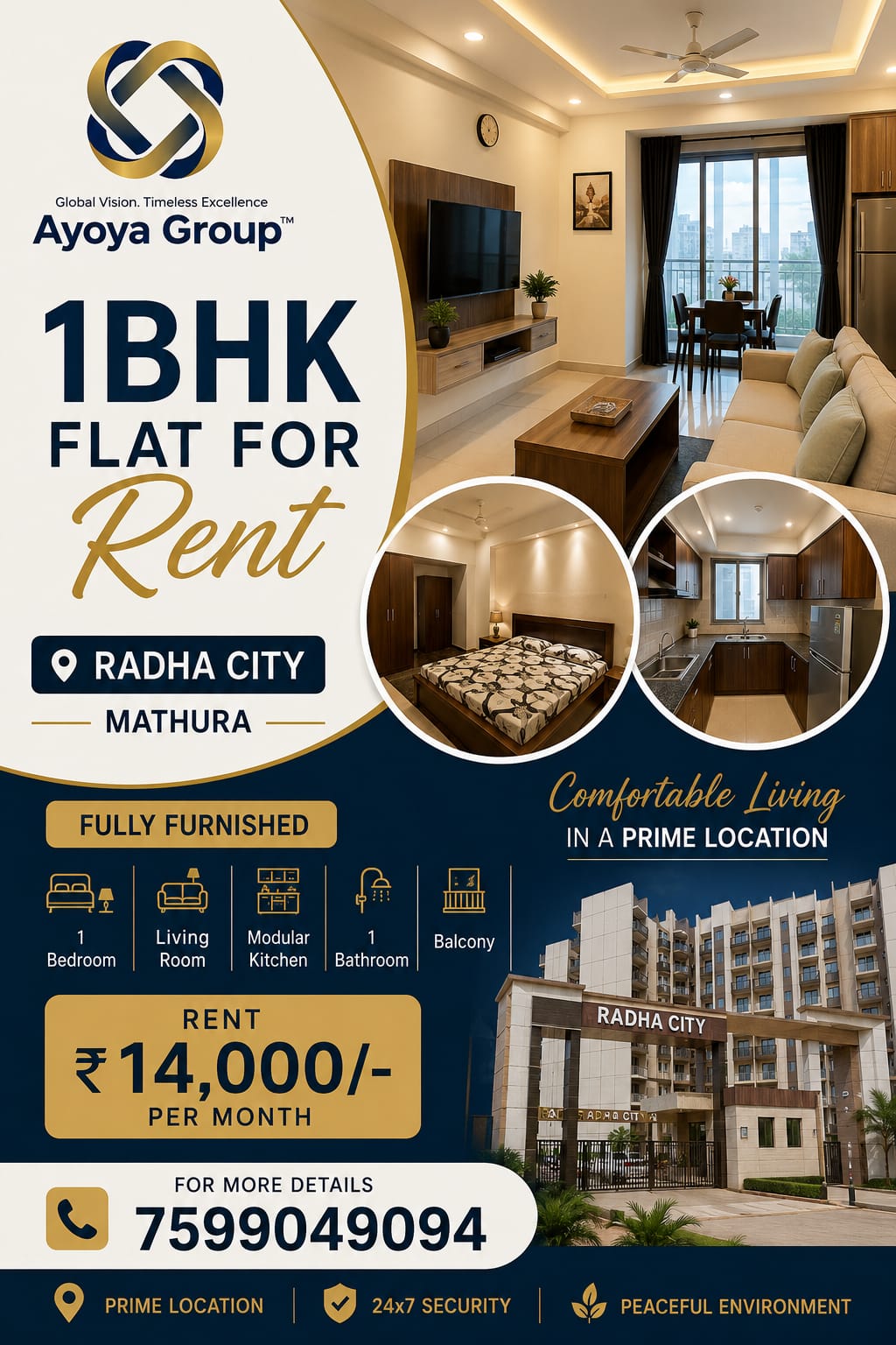 Fully Furnished 1BHK Flat for Rent in Radha City, Mathura | Ayoya Group
